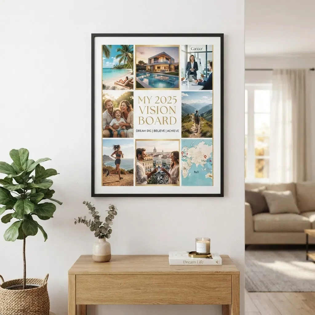 Framed vision board poster in a calm sunlit living room